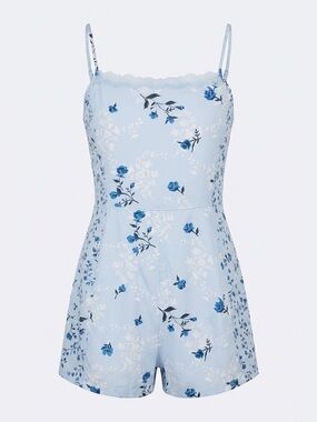 Girls light Blue Floral Lace-Trim Romper -